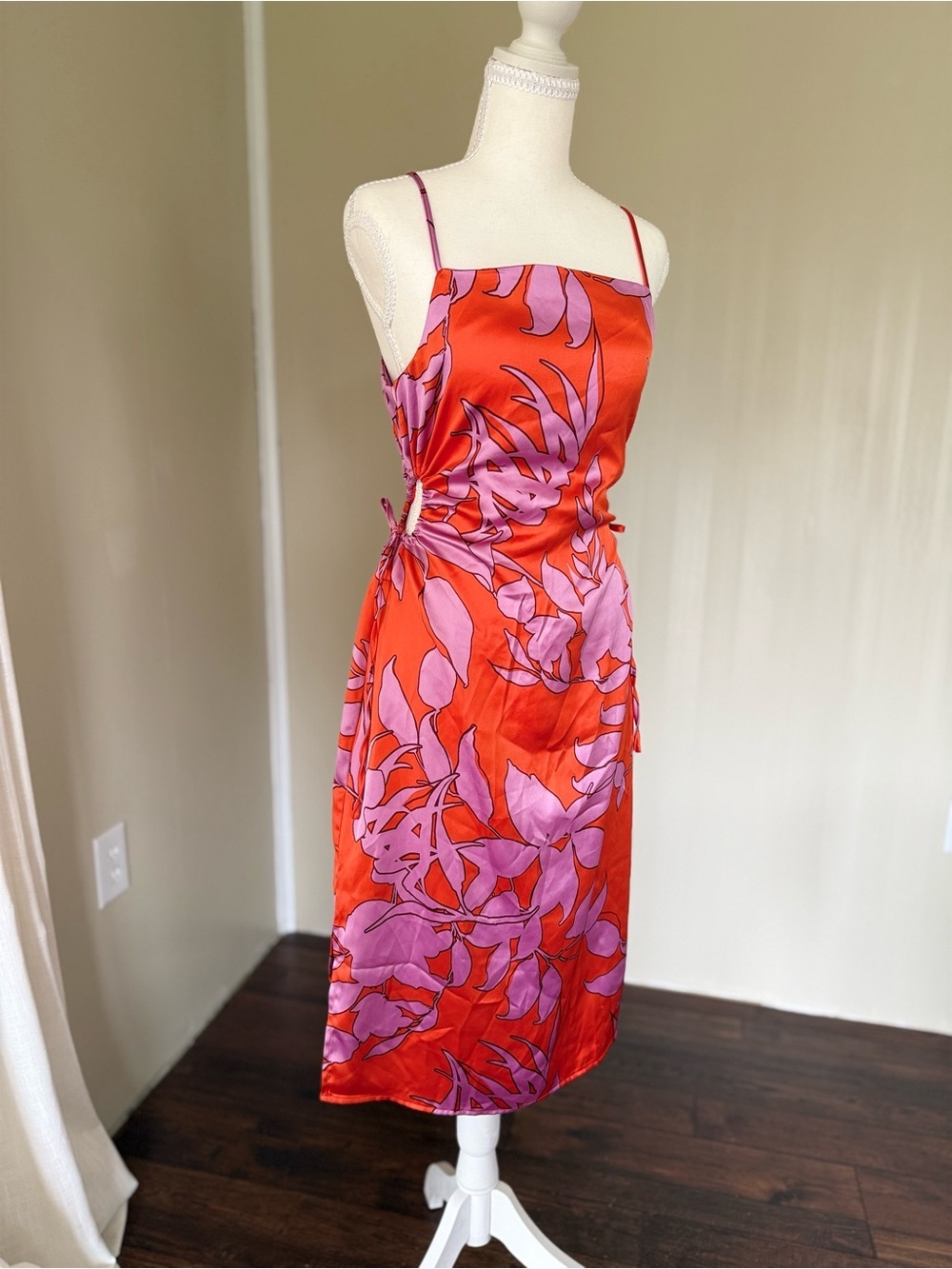 Christian Lacroix Red Lilac Floral Slip Midi Dress Cut Out Detail Tie Waist M - Picture 4 of 8